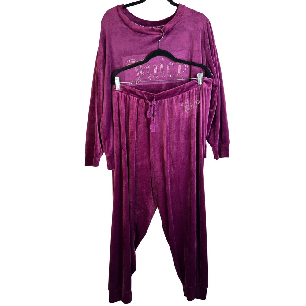 Juicy Couture Women's Purple Velour Rhinestone Y2K 2 Piece Pajama Set Size 1X